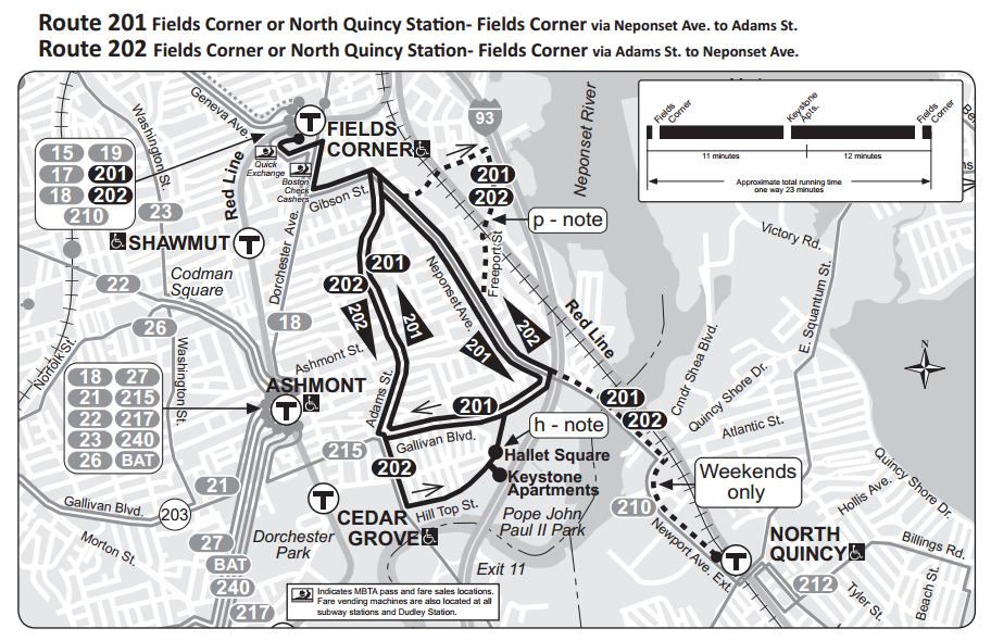 201/202 (Fields Corner or North Quincy Station – Fields Corner via Neponset Ave and Adams Street)